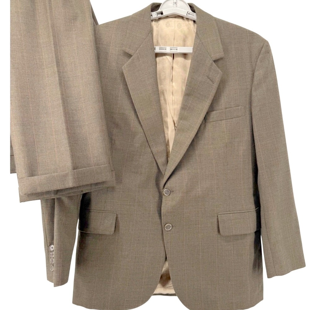 VTG Ermilio Wool Silk Blend 2Pc Suit 42 Pants 34/30 Windowpane Brown Custom Fit